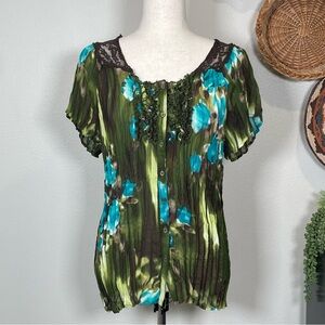 Y2K Notations Pleated Crinkle Button Up Lace Blouse Green Brown Yellow Aqua XL